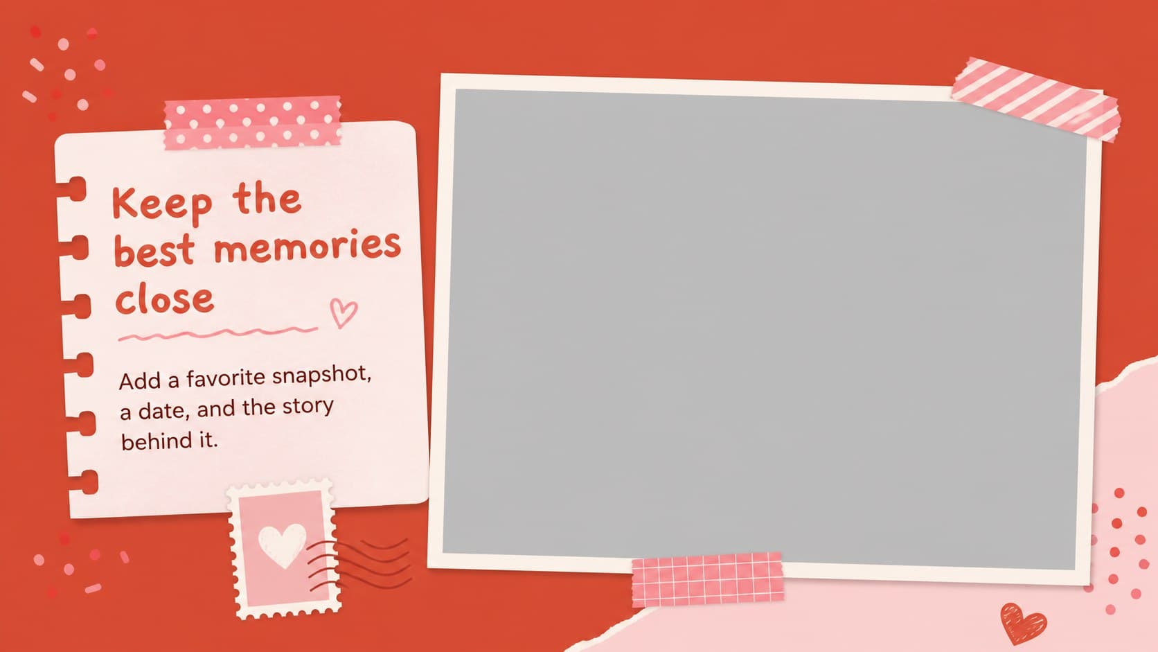 Birthday photo memory slide with a bold caption area and scrapbook-style red and pink framing.