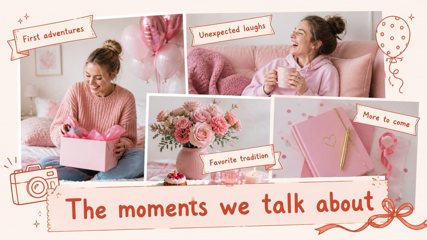 Birthday tribute presentation slide with multiple editable photo frames for shared memories.