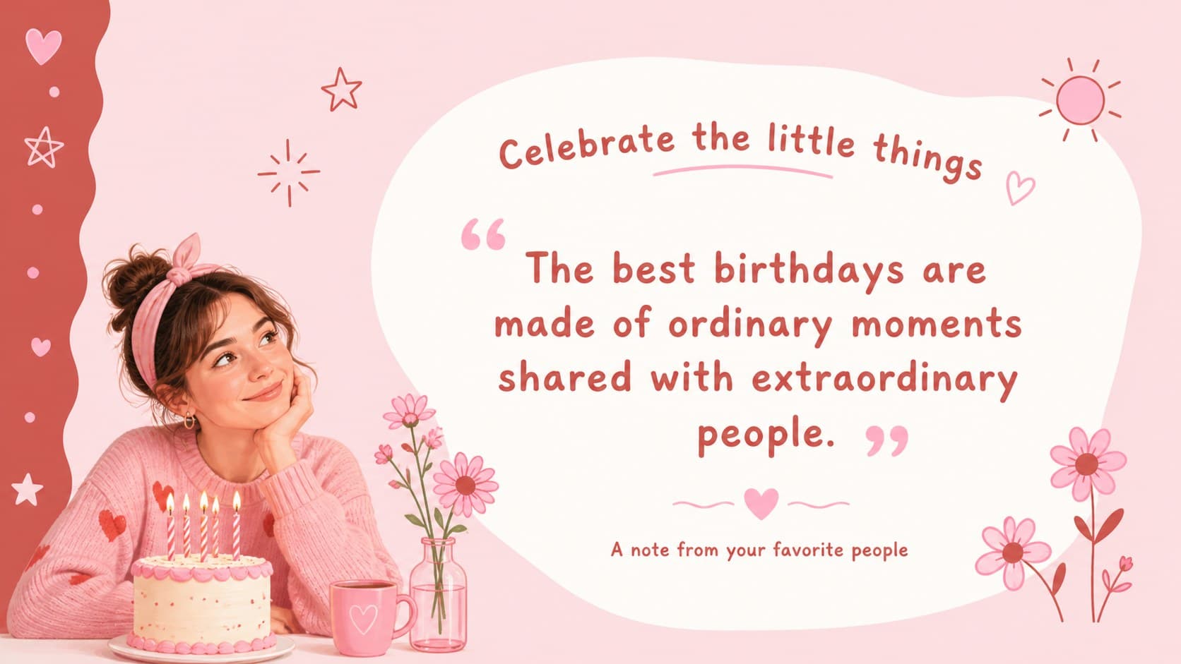 Birthday quote slide displaying an editable celebration message surrounded by hand-drawn decorative elements.