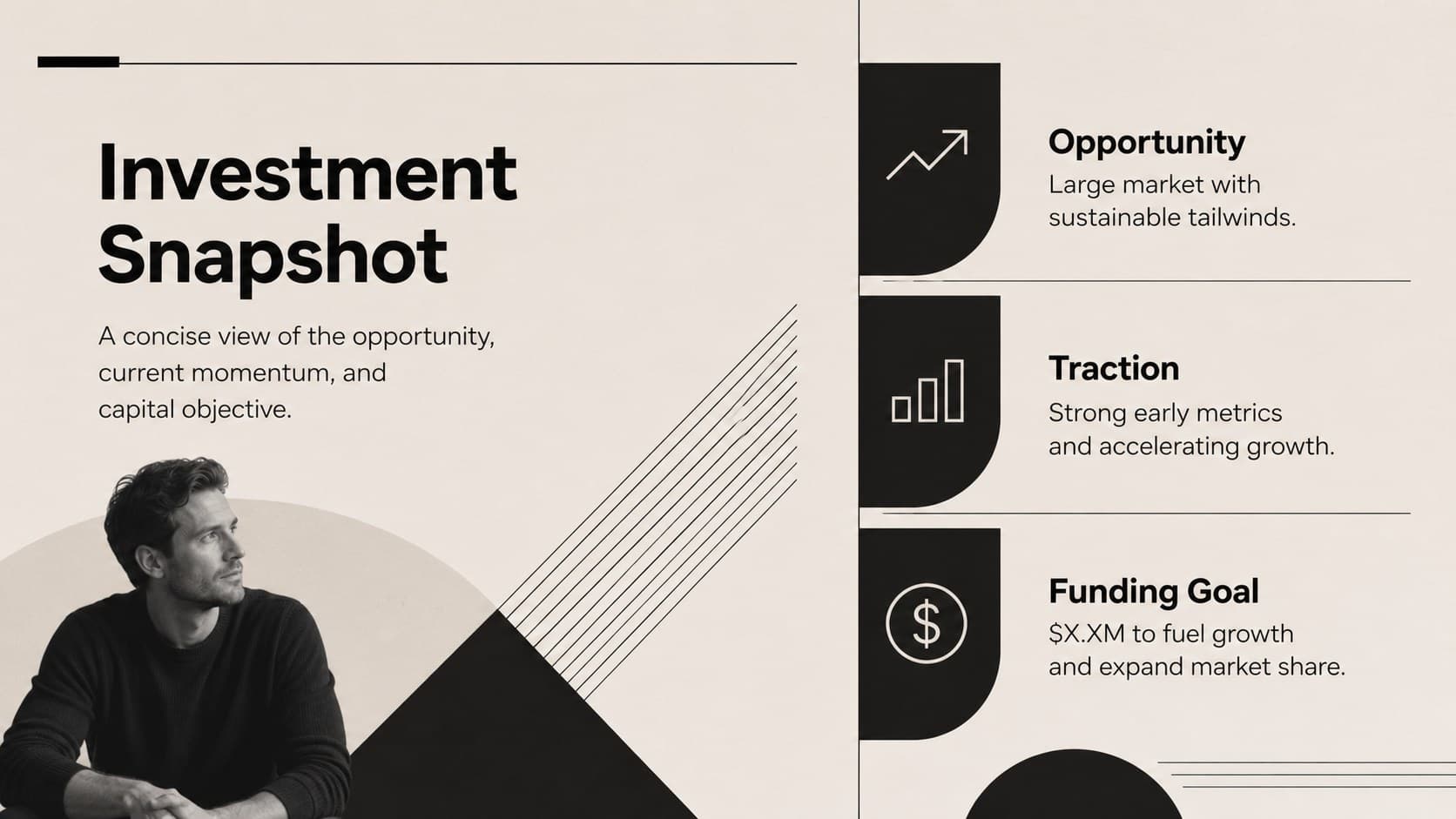 Minimalist investor presentation overview showing a startup snapshot, core opportunity, and funding objective.