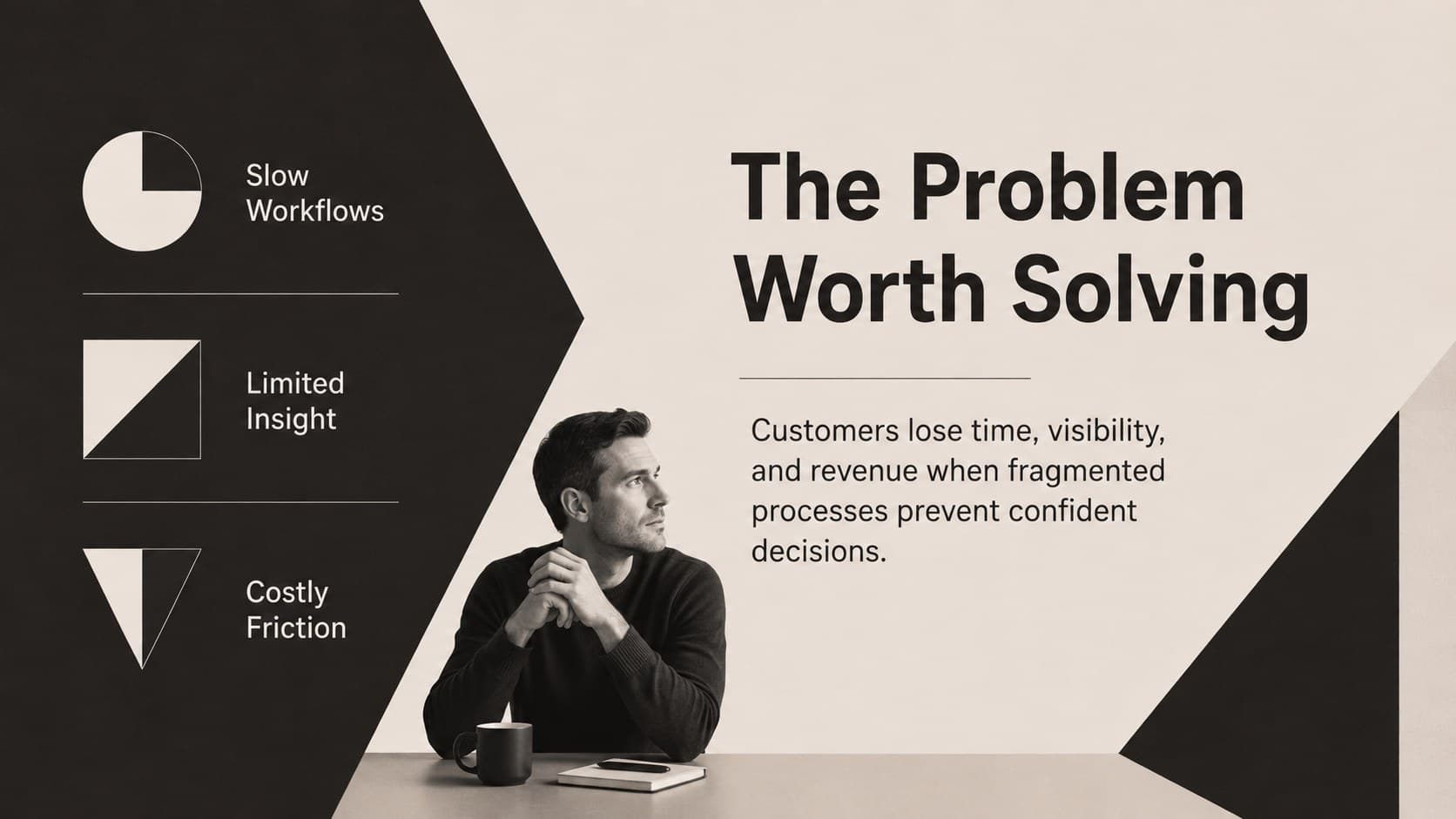 Black and beige startup problem slide outlining customer friction and unmet market needs.