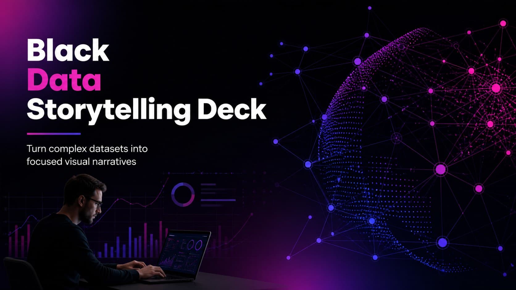 Cover slide for a black data storytelling deck with a dark gradient and abstract analytics graphics.