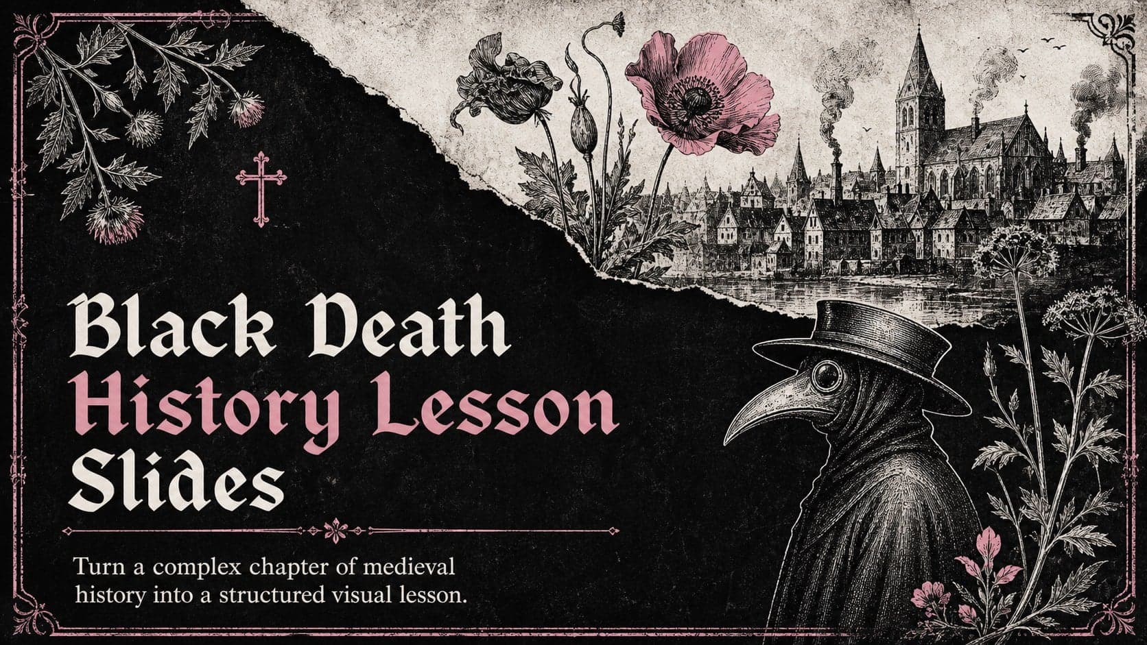 Cover for Black Death History Lesson Slides with Gothic typography, aged textures, and black, white, and pink details.