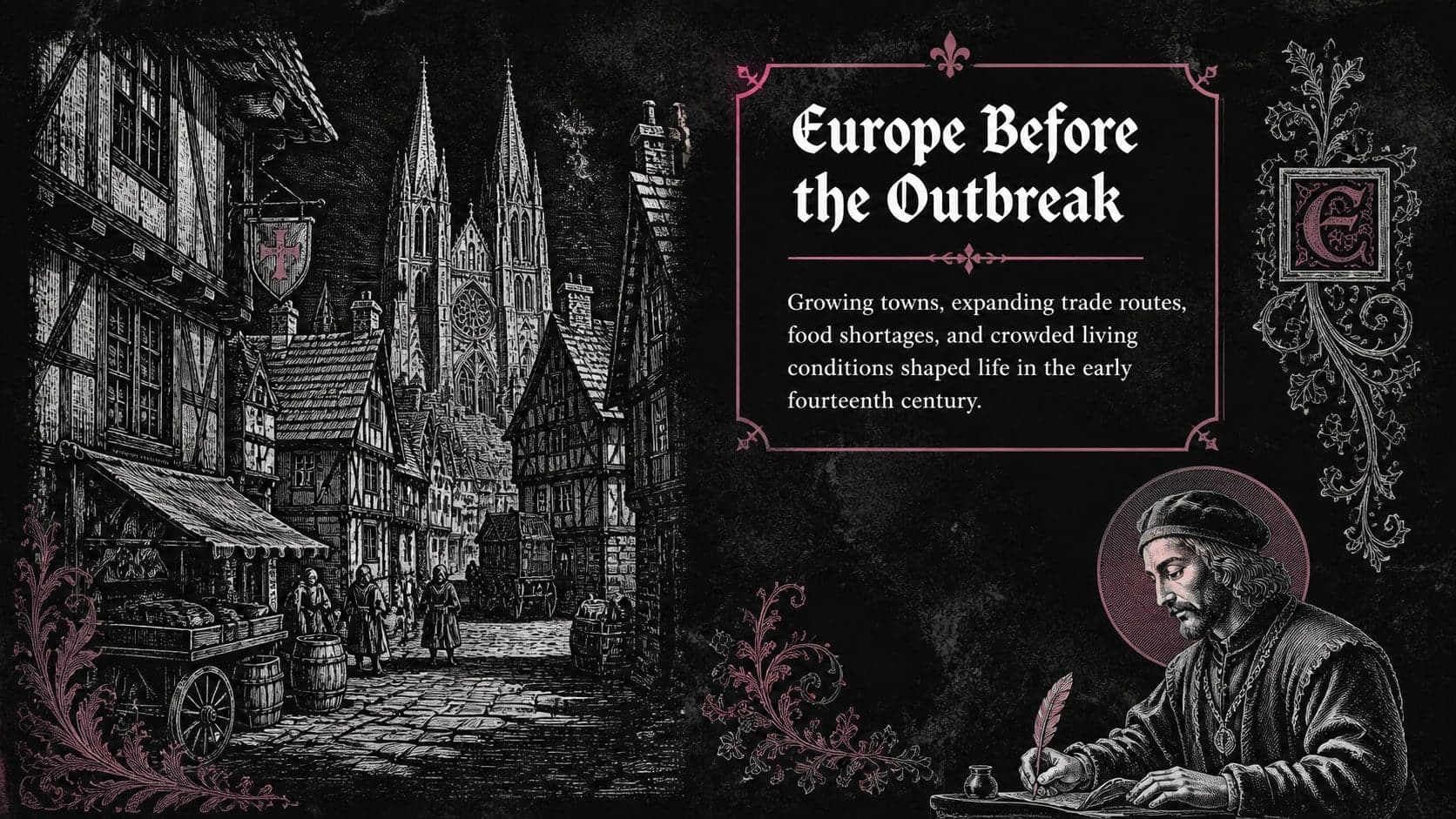 Medieval plague classroom presentation slide introducing Europe before the Black Death.