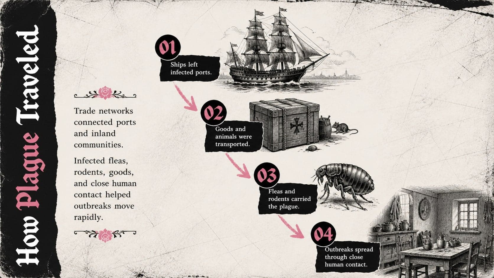 Black Death history lesson slide explaining plague transmission with a clear cause-and-effect sequence.