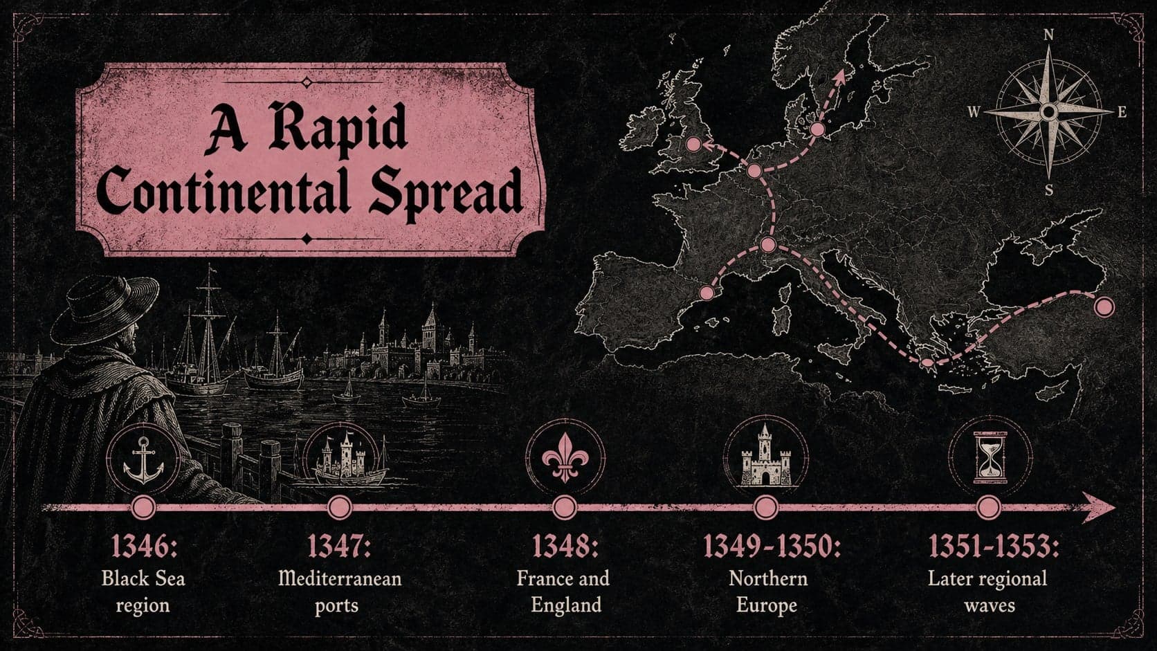 Black Death timeline for students tracing the spread of plague across Europe from 1346 to 1353.