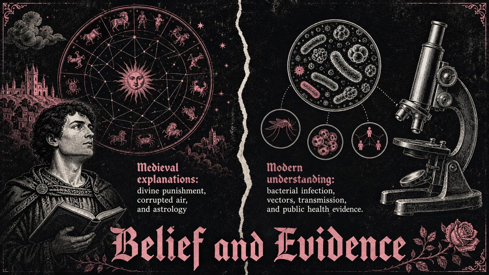 Gothic history PowerPoint template slide contrasting medieval plague beliefs with modern scientific understanding.