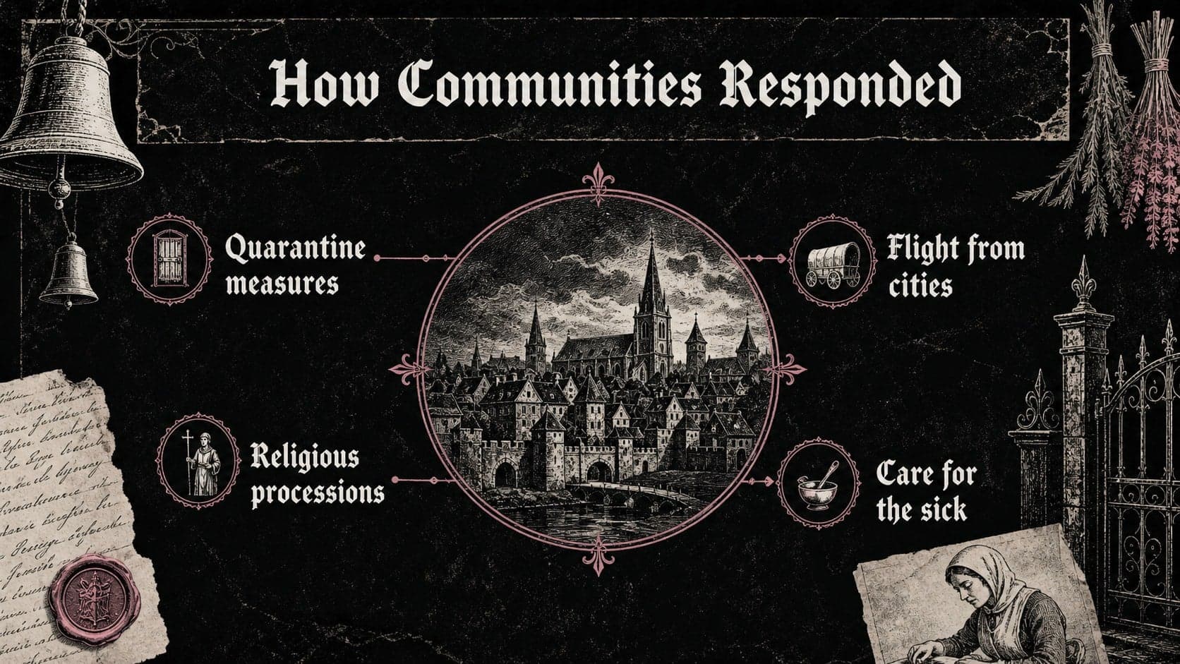 Black Death teaching resource slide showing medieval community responses to the plague.