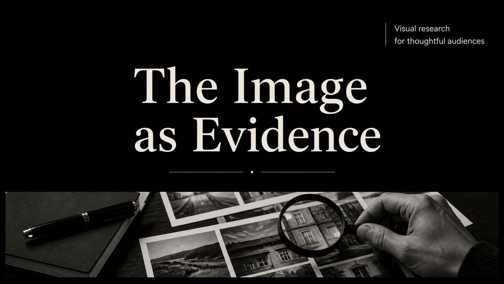 Black editorial presentation title slide introducing a visual research topic.