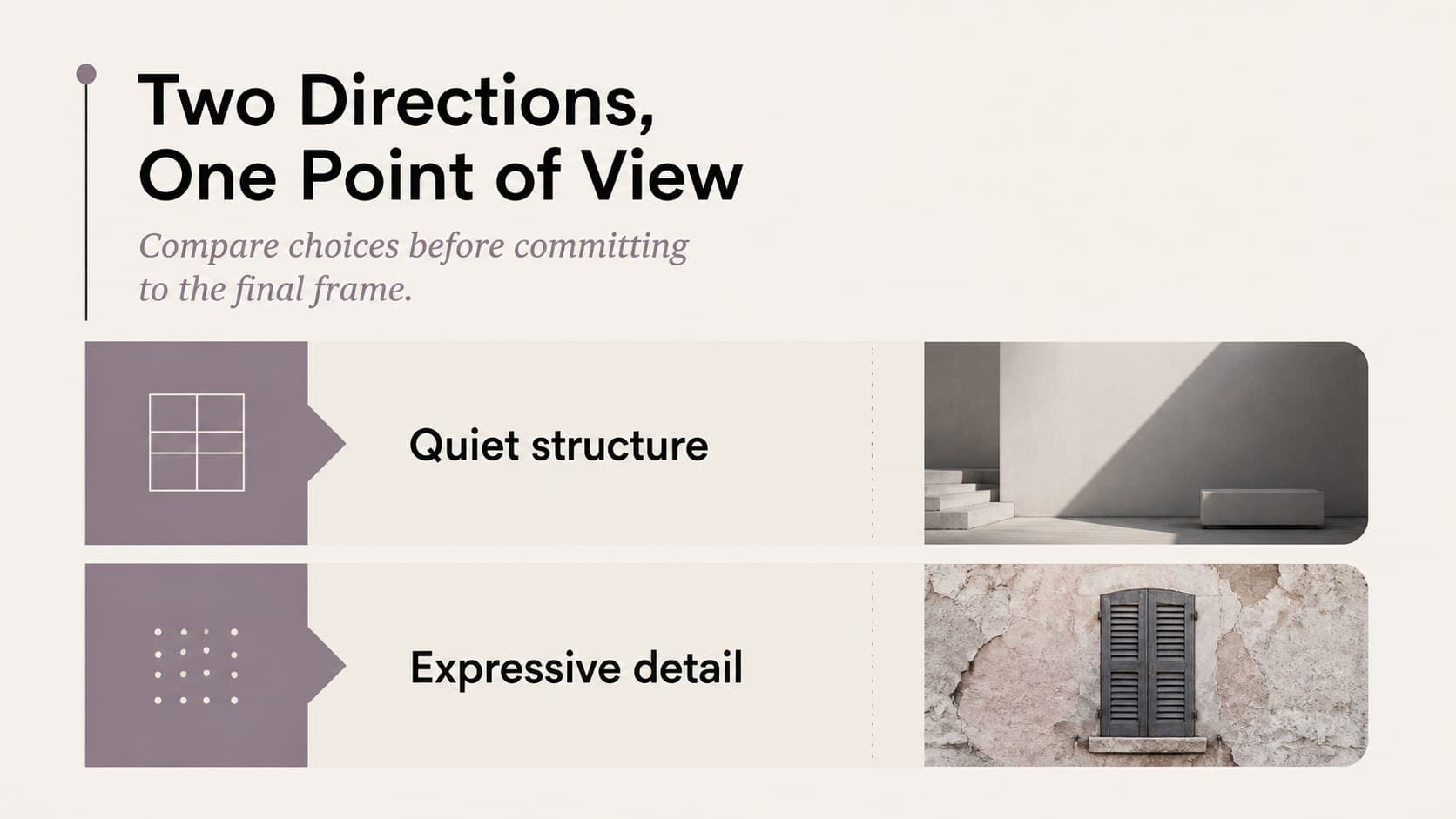 Editorial presentation comparison slide contrasting two visual directions.