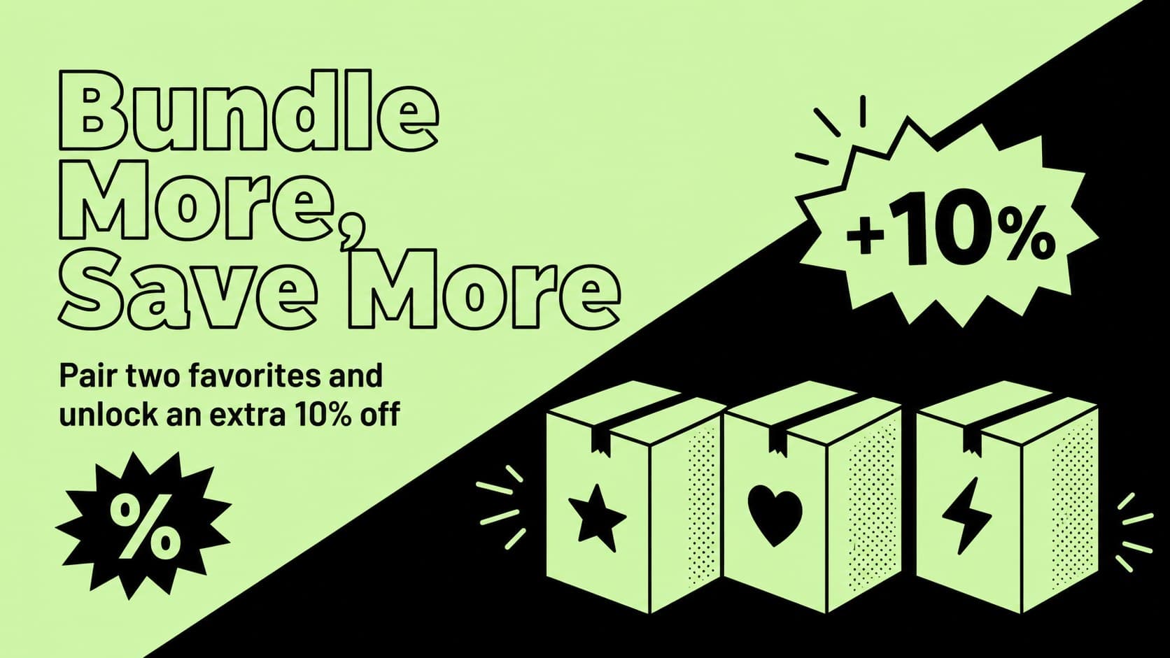 Bundle promotion slide outlining a multi-item Black Friday offer with playful green packaging graphics.
