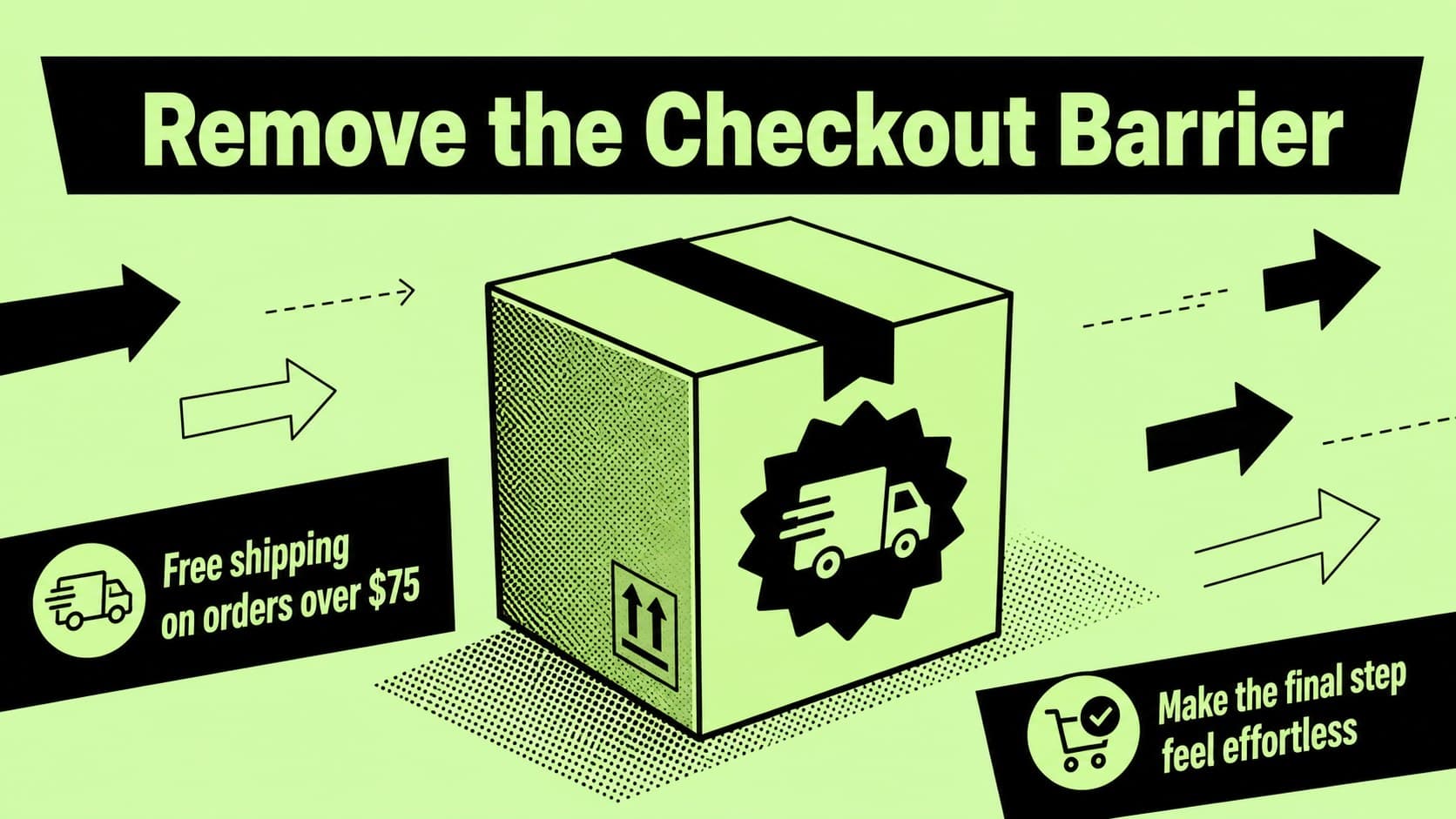 Customer incentive slide explaining a free-shipping promotion in a high-contrast green campaign design.