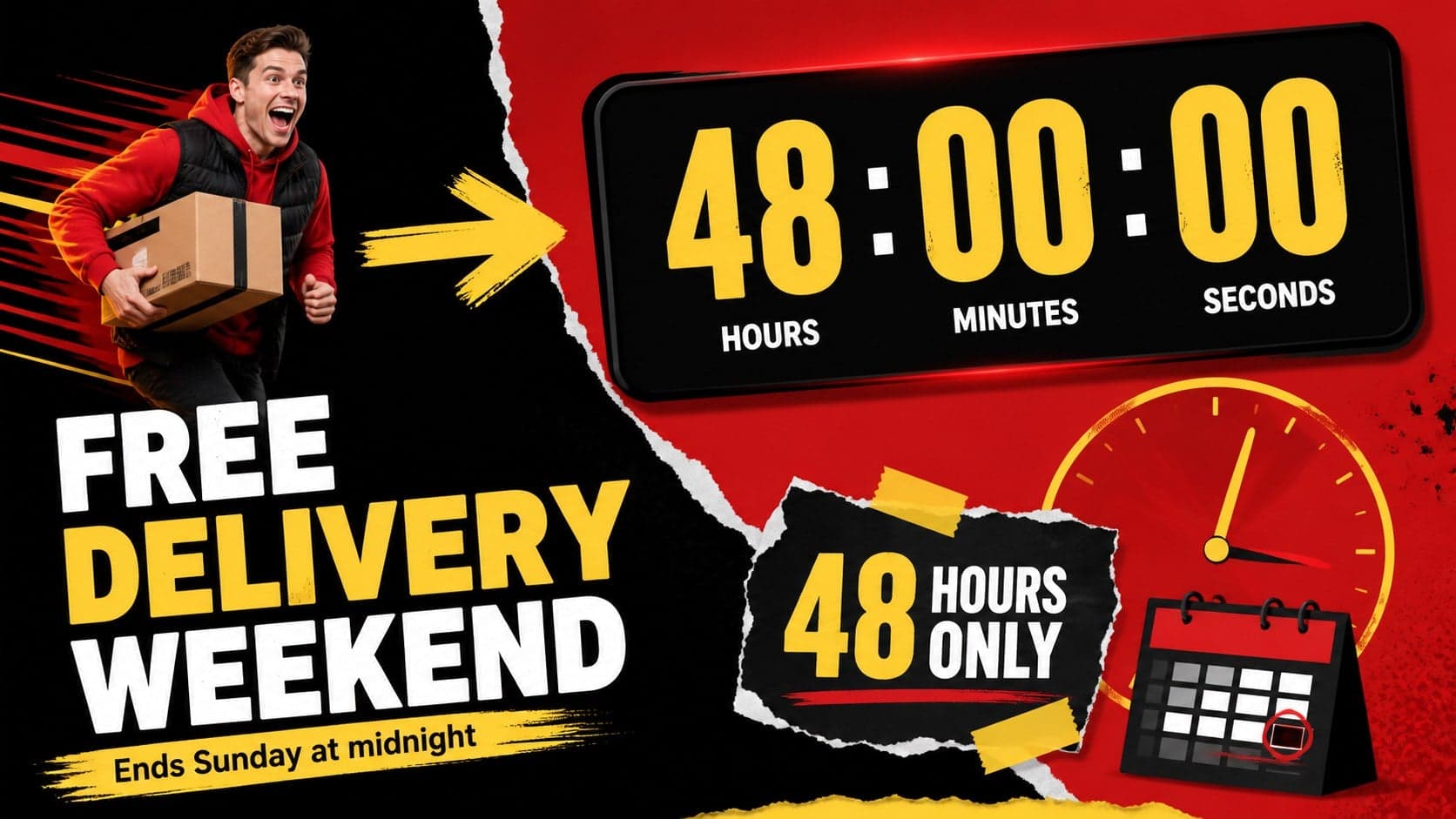 Black Friday free delivery poster showing a countdown and limited-time weekend deadline.
