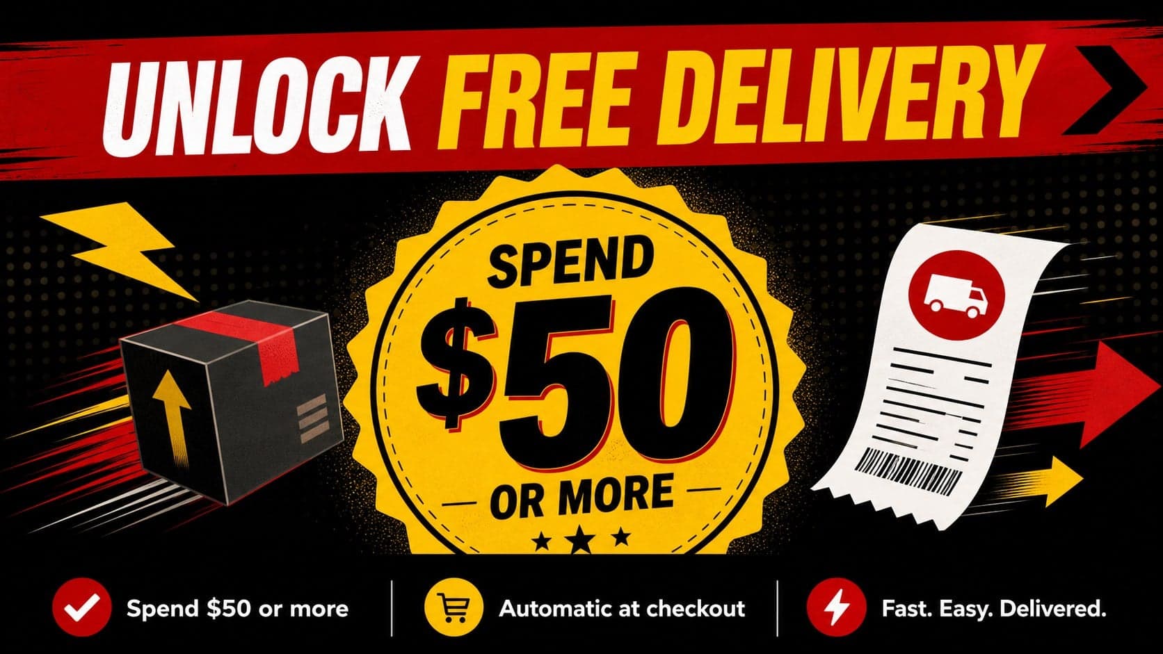 Holiday shipping offer flyer presenting a free delivery order threshold in a bold retail layout.