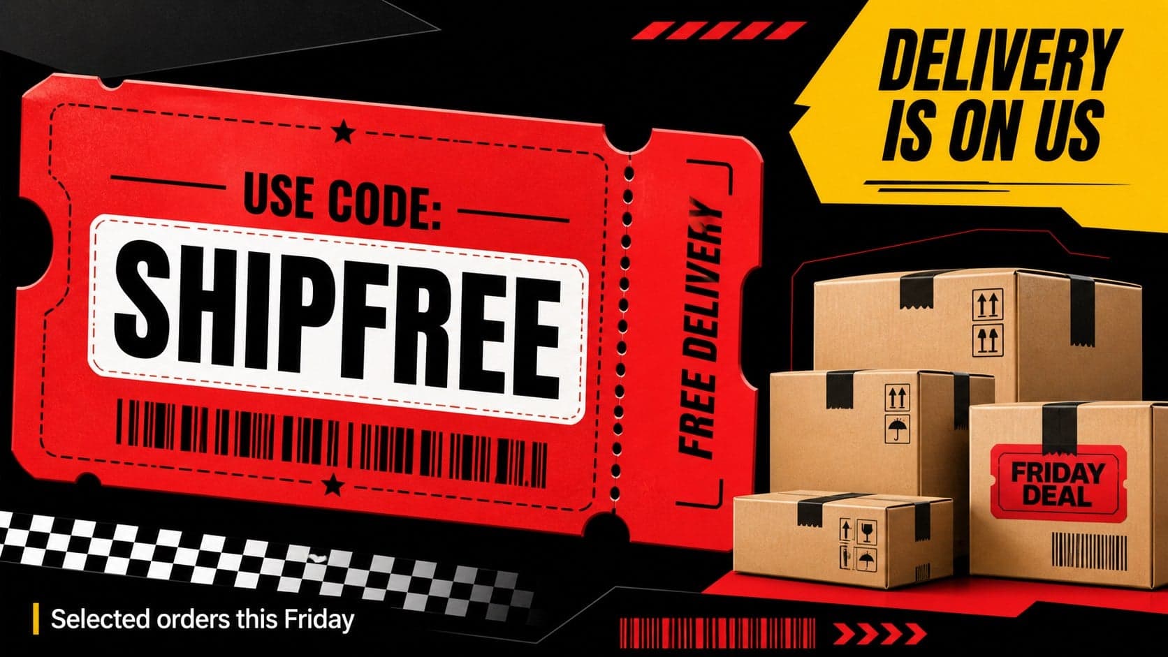 Seasonal ecommerce promotion slide featuring a Black Friday delivery code and parcel graphics.