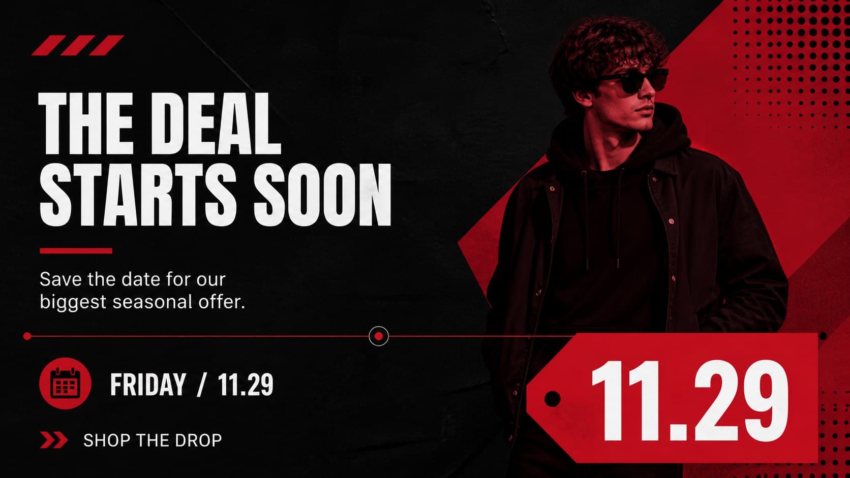 Black Friday promotional graphics slide showing a retail offer announcement with bold red pricing and minimalist black layout.