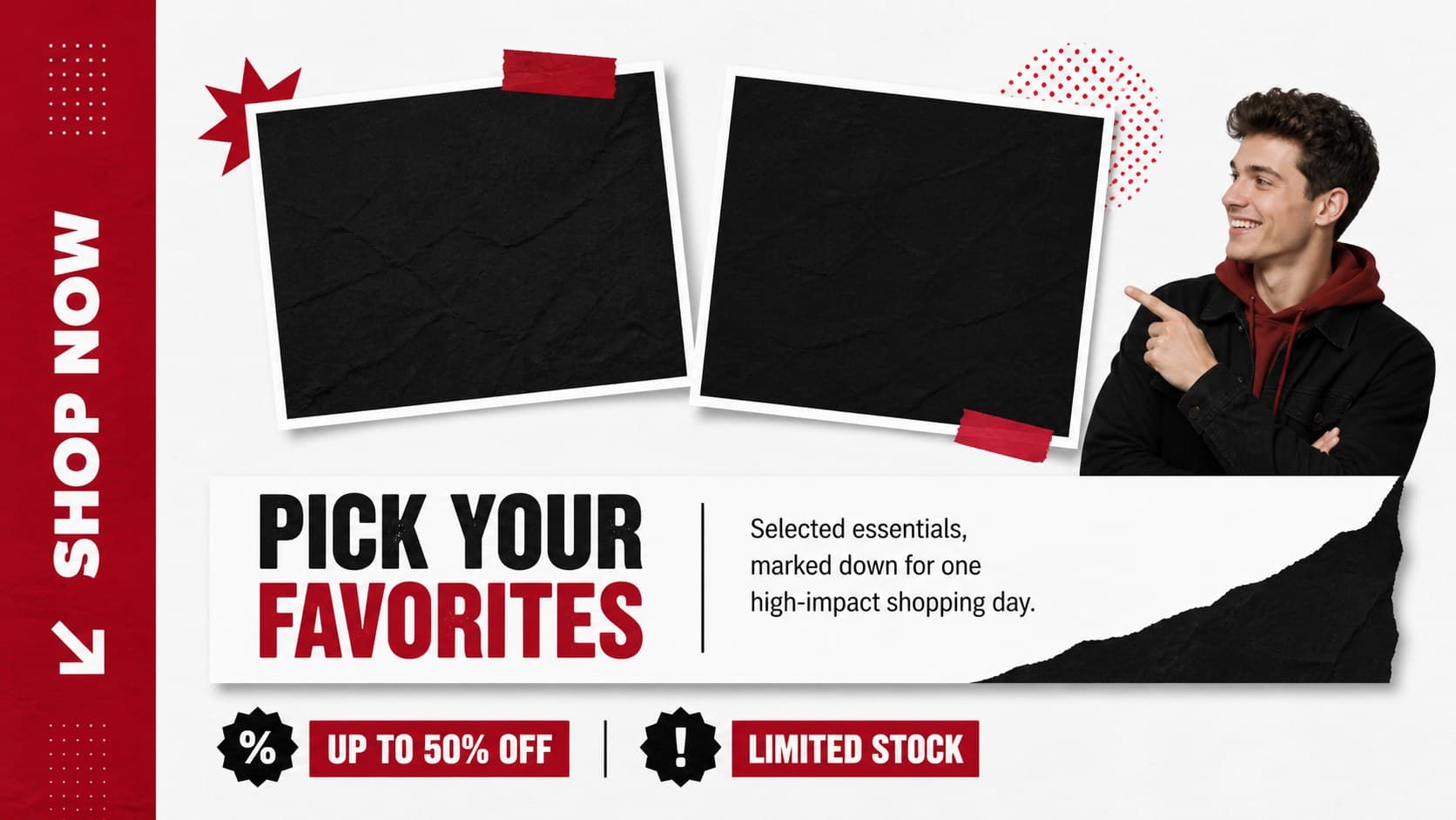 Retail discount campaign slides layout highlighting featured products, offer details, and a strong shopping call to action.