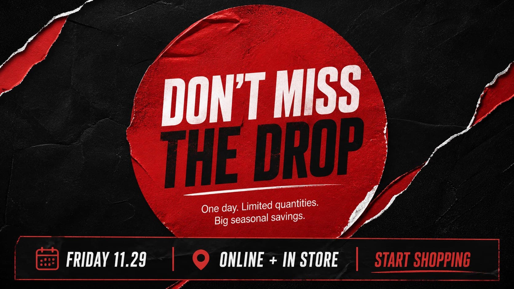 Urgent sale announcement slide closing a Black Friday campaign with a bold final call to action and event details.