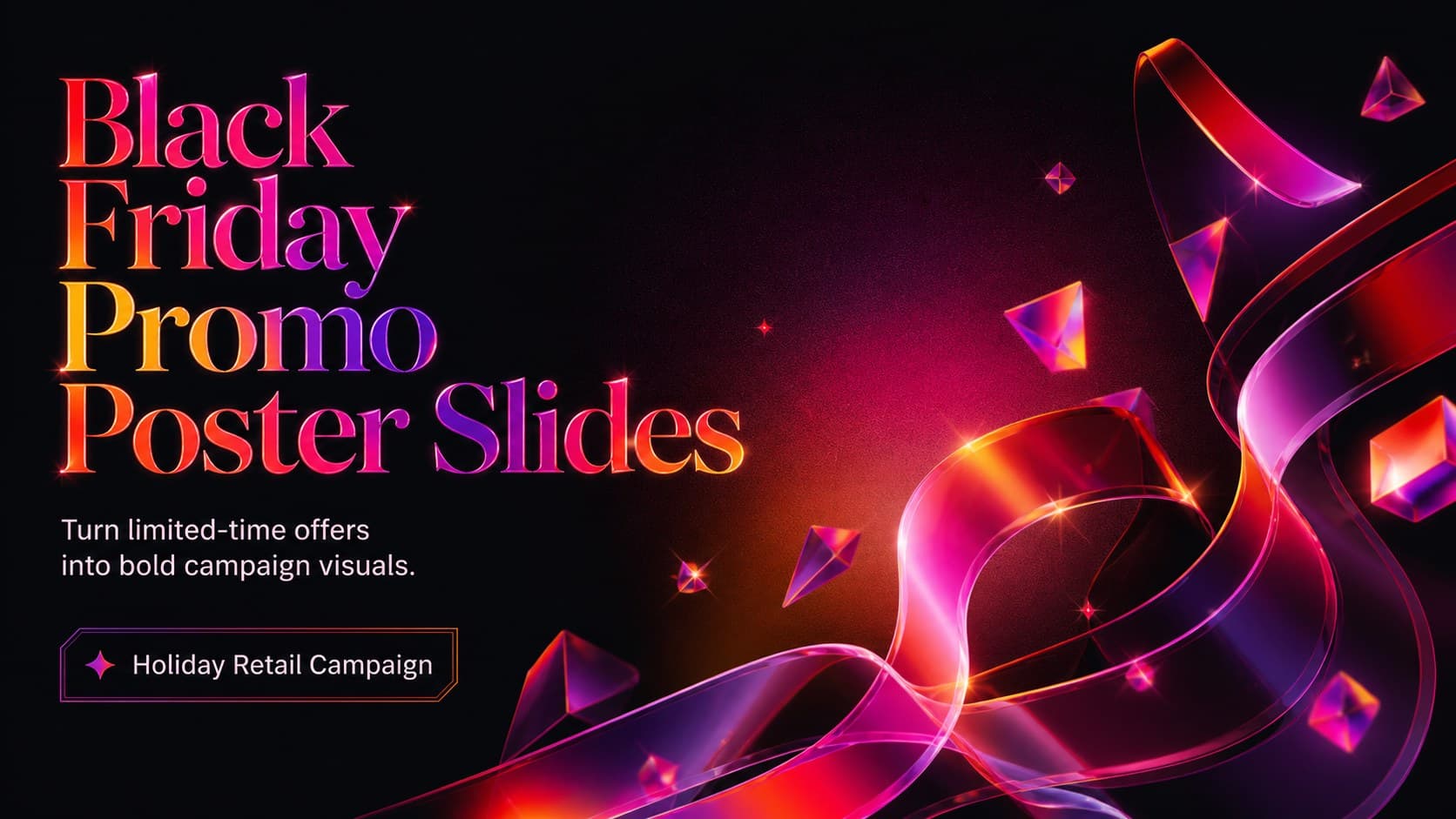 Cover for Black Friday promo poster slides with luminous gradient forms on a dramatic black background.
