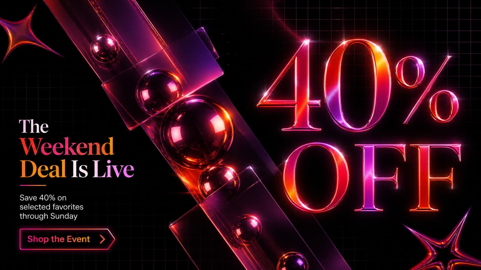 Black Friday retail promotion deck slide presenting a large discount beside abstract neon 3D graphics.