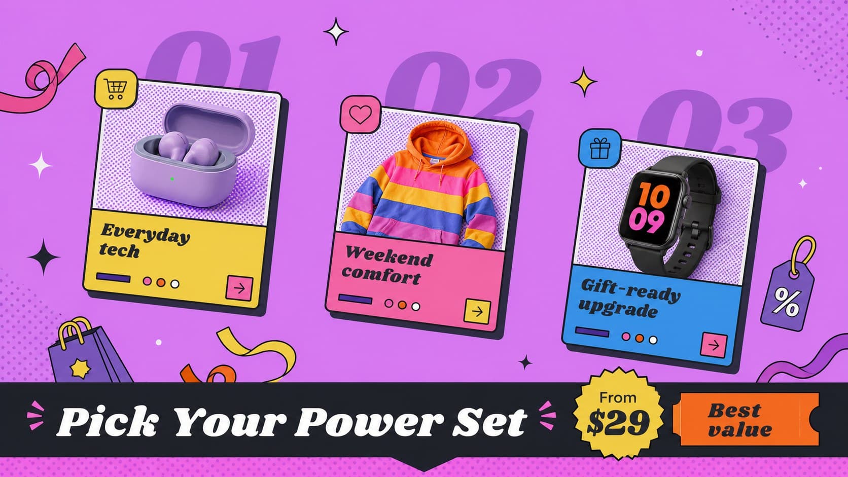 Black Friday product showcase slide comparing three colorful retail picks and their promotional prices.