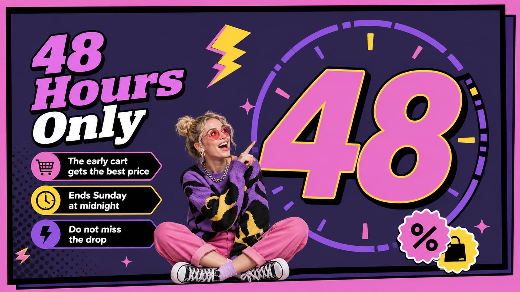 Retail campaign slide highlighting a limited-time offer with a bold countdown and neon sale typography.