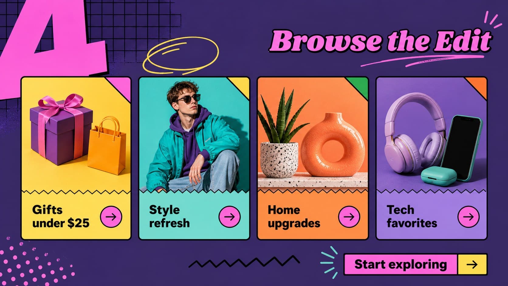 Seasonal product catalog slide showing a colorful category grid for gifts and sale browsing.