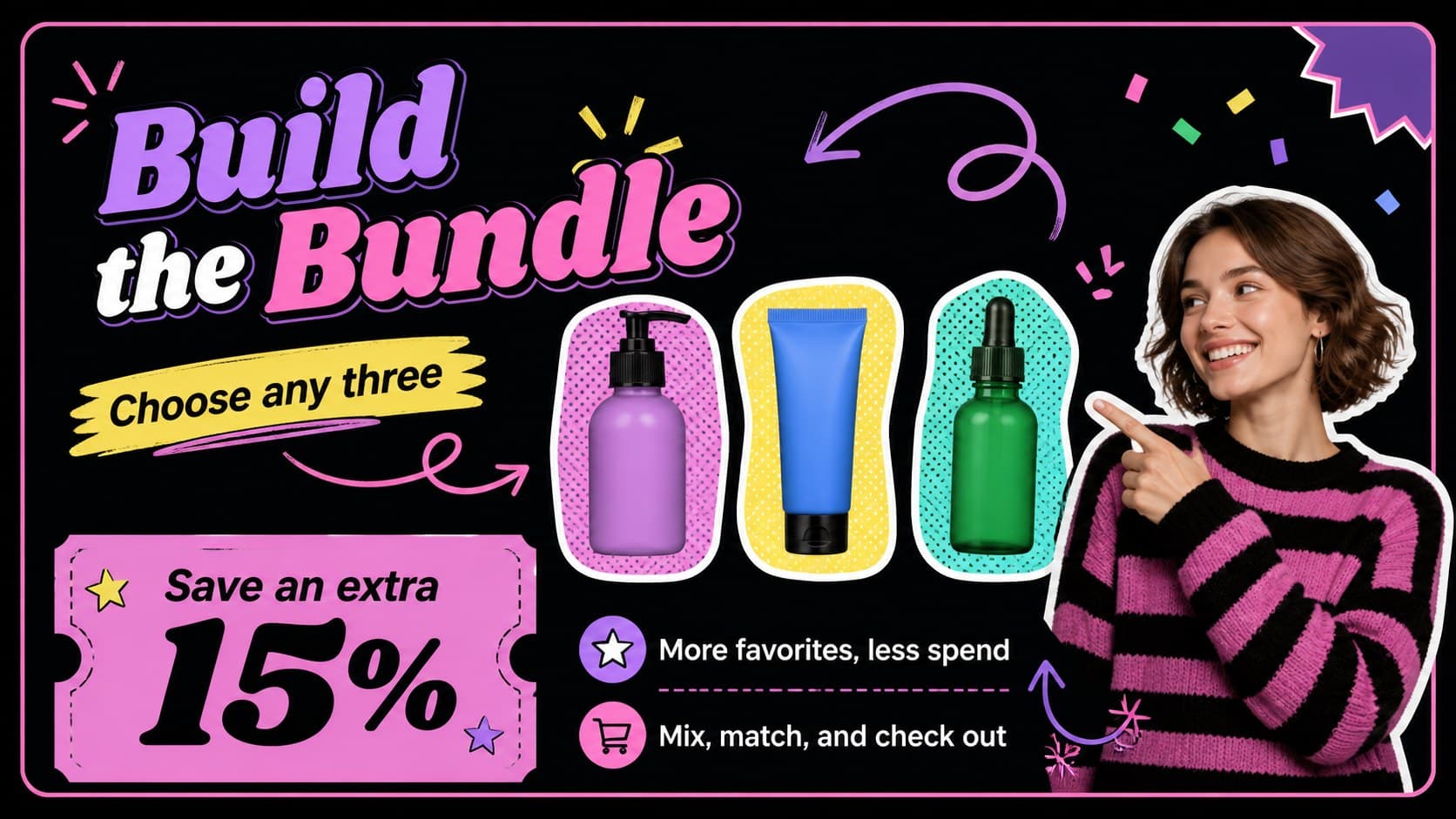 Black Friday retail lookbook slide explaining a bundle offer with products, savings, and a bright callout.