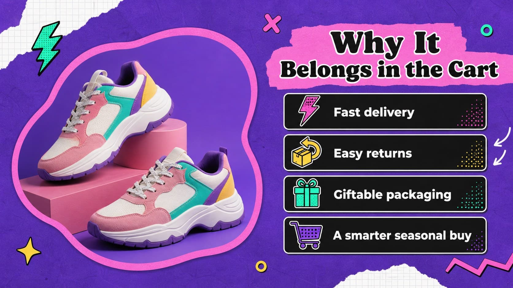 Retail promotion slide showing a product benefit list beside a vivid illustrated product display.