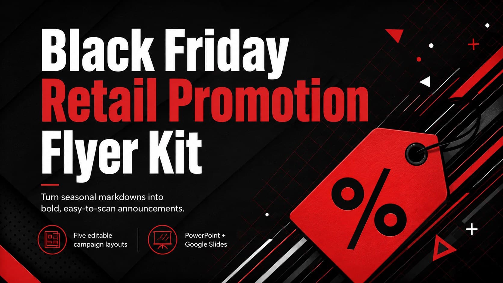 Black Friday retail promotion flyer kit cover with bold red sale typography on a modern black background.