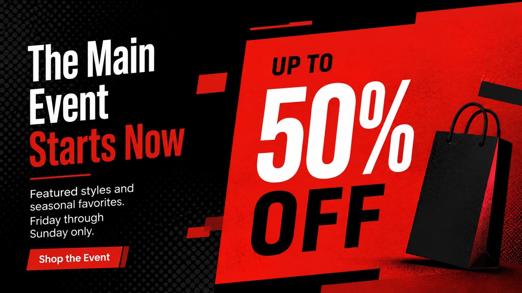 Bold Black Friday store promotion layout advertising a limited-time 50 percent discount.