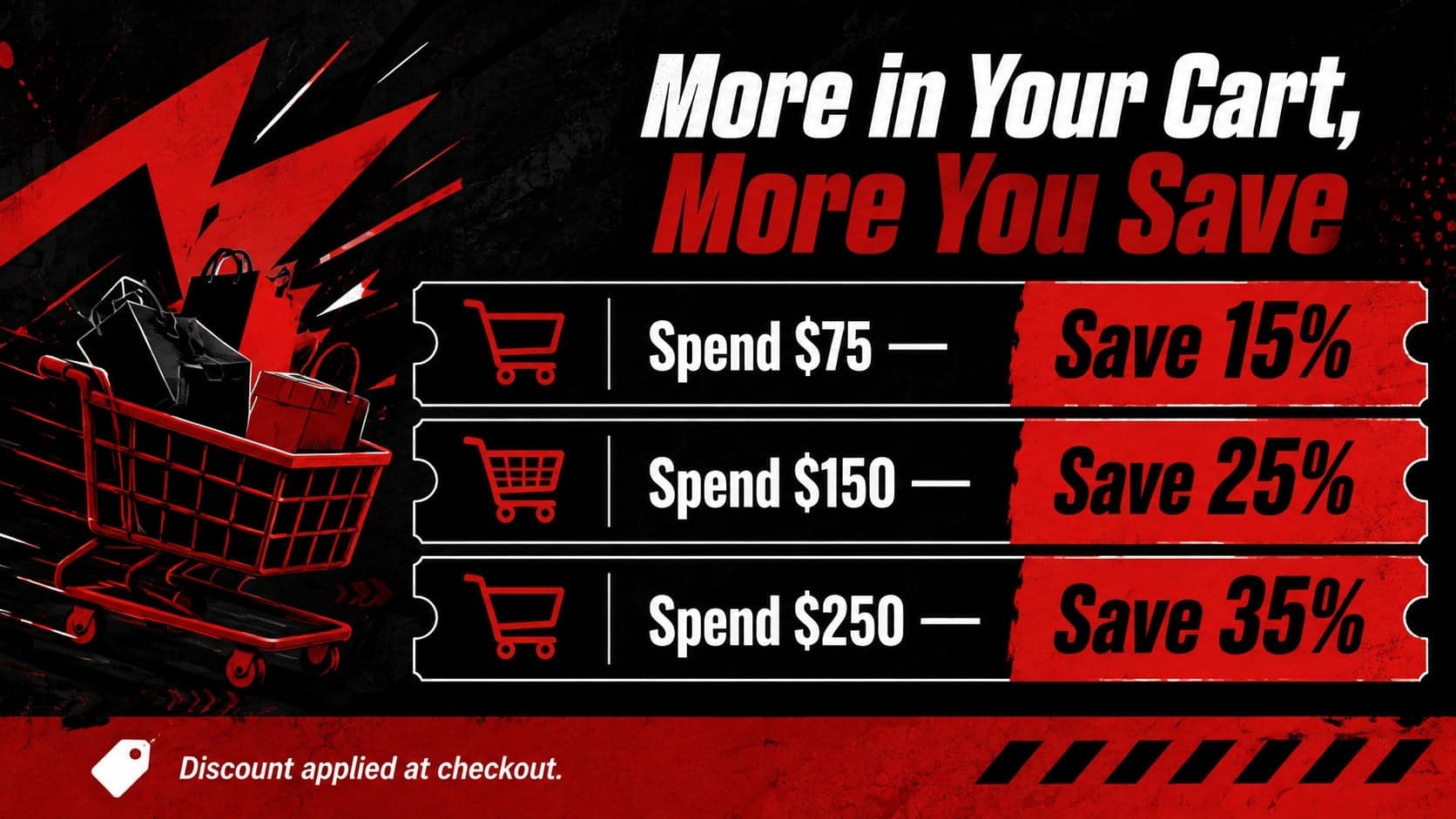 Retail discount announcement slide displaying three Black Friday spending tiers in black and red.