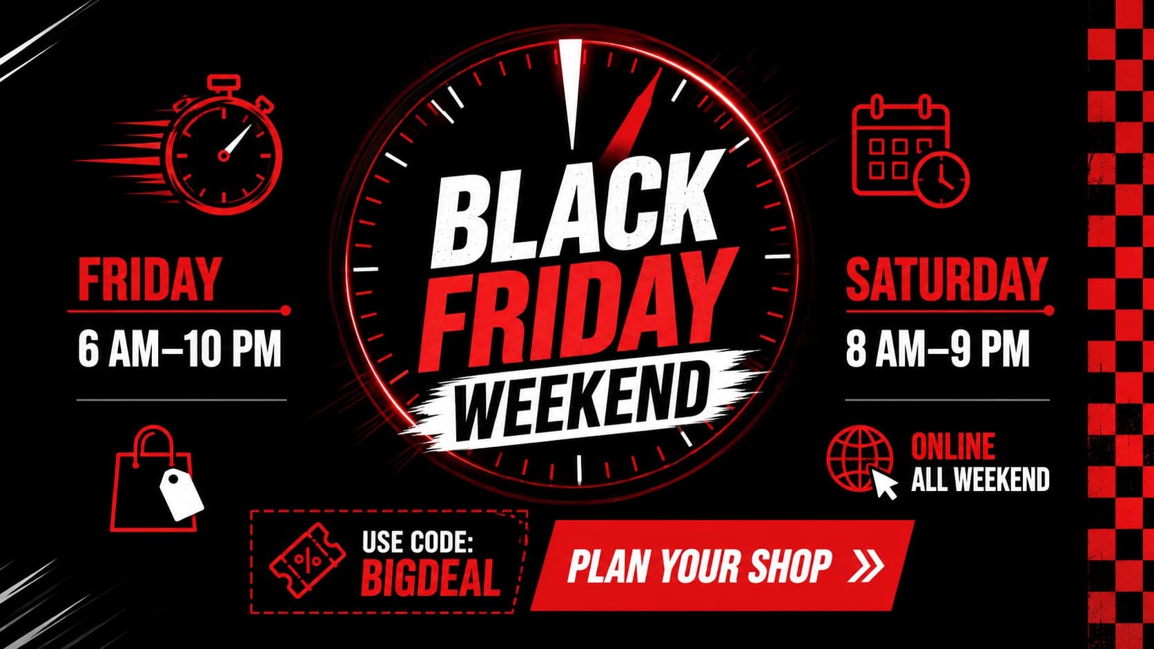 Black Friday weekend sale flyer slide featuring extended hours and an online promotional code.