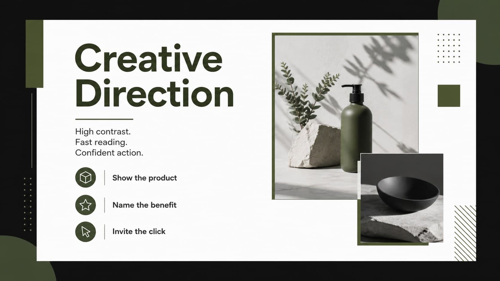 Black Friday marketing slides presenting creative direction with editorial image frames and campaign copy.