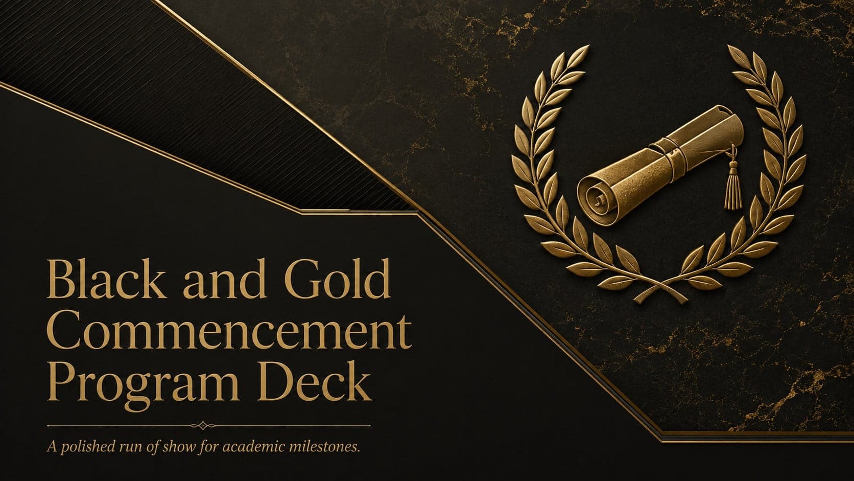 Black and gold commencement program cover with formal typography and refined academic details.