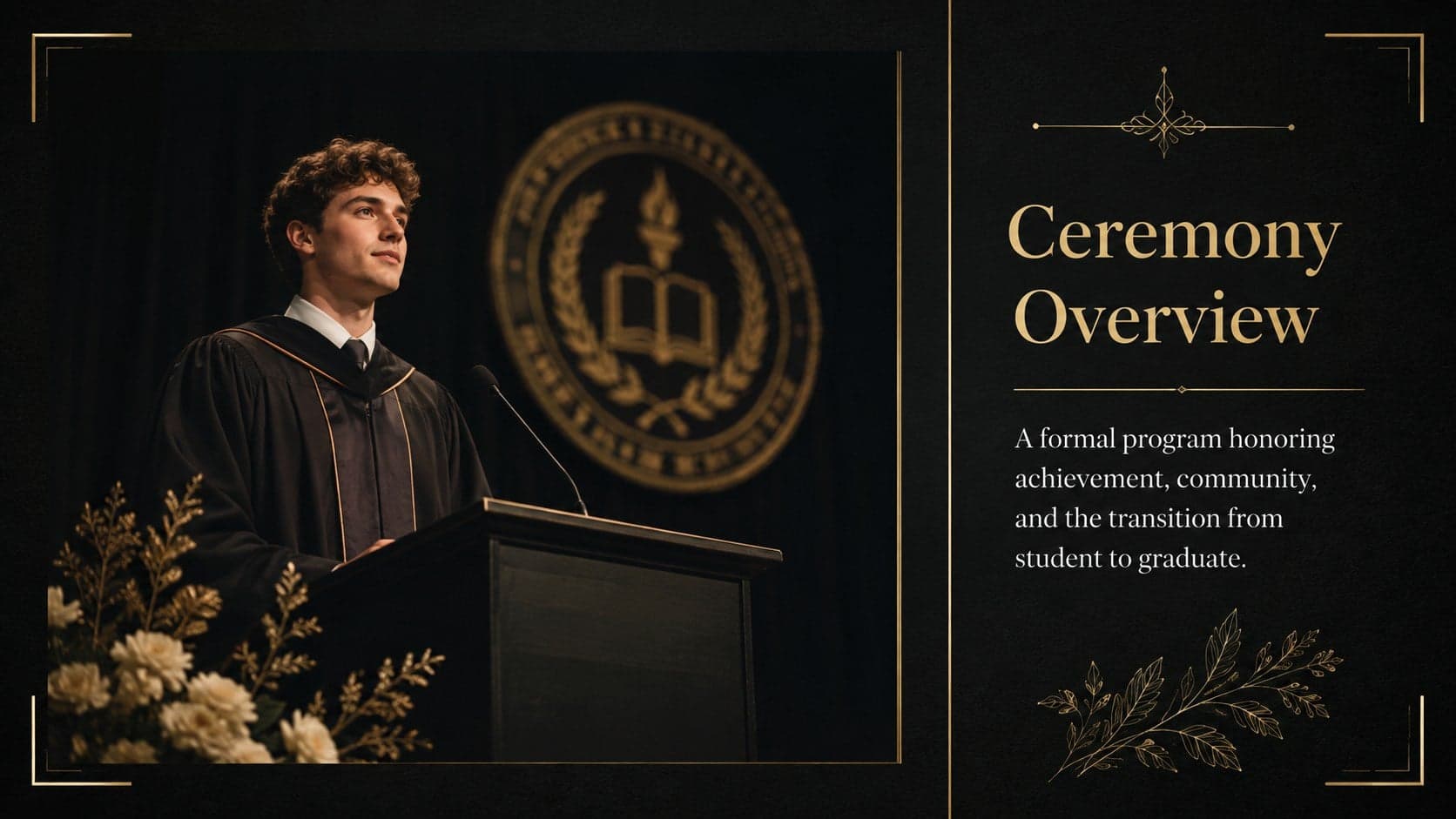 Commencement ceremony overview slide presenting the purpose of a formal university graduation program.