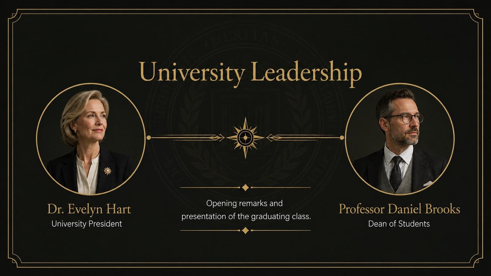 University leadership introduction slide with formal black and gold speaker profiles.