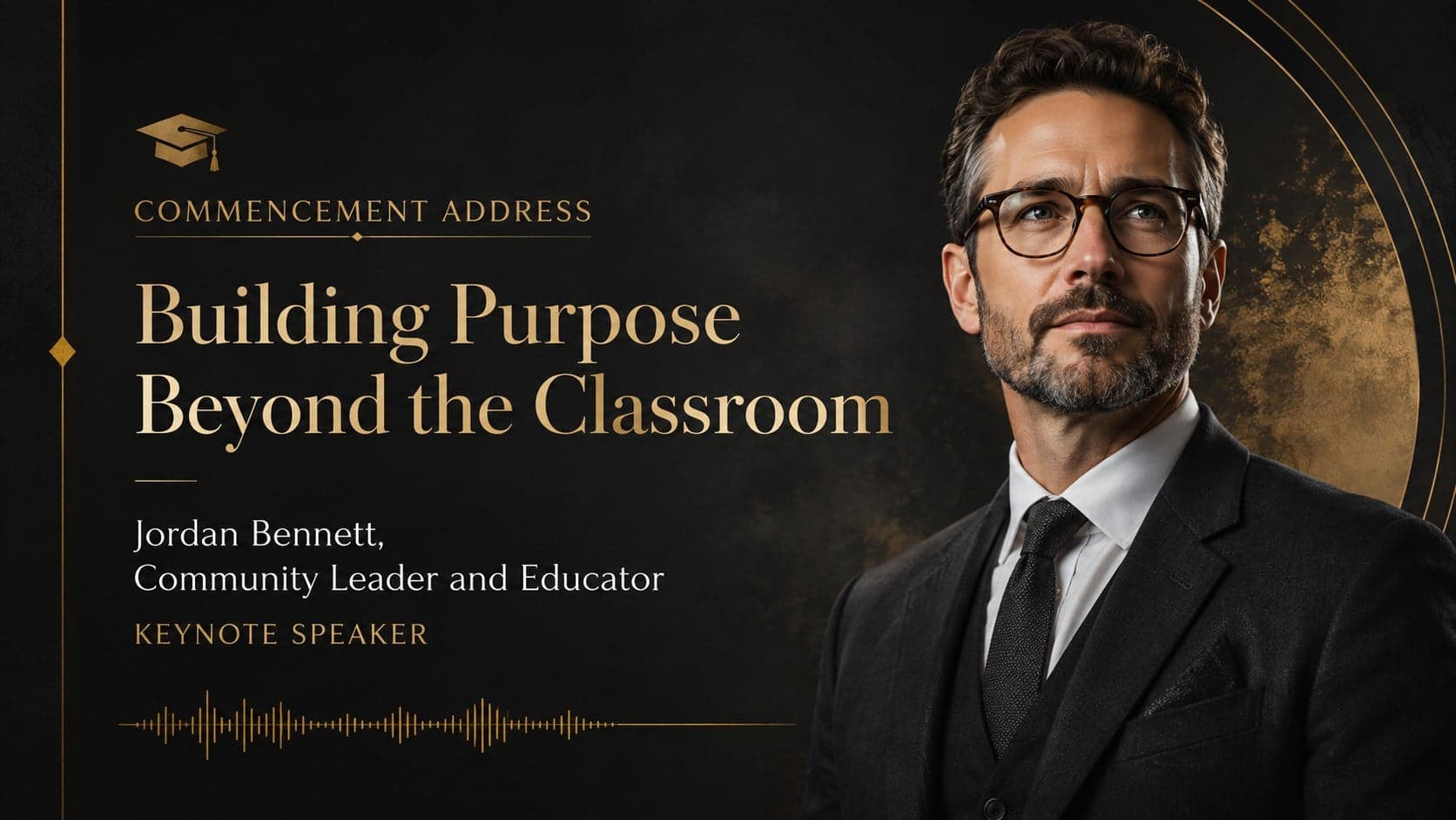 Commencement keynote speaker slide with an original portrait and speech theme.