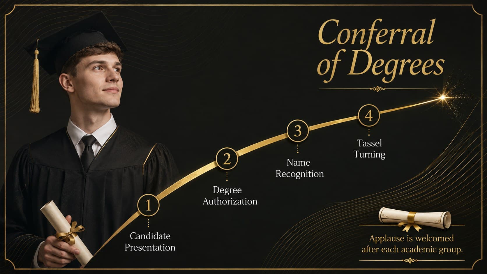 Degree conferral presentation slide outlining the stages of graduate recognition.