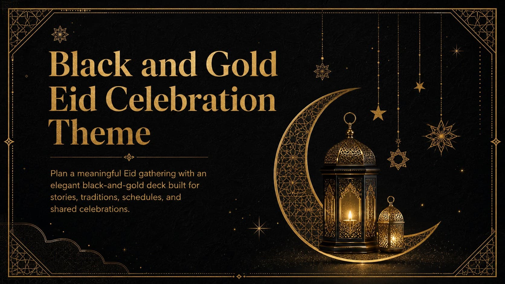 Cover of the Black and Gold Eid Celebration Theme with a gold crescent motif on a refined dark background.
