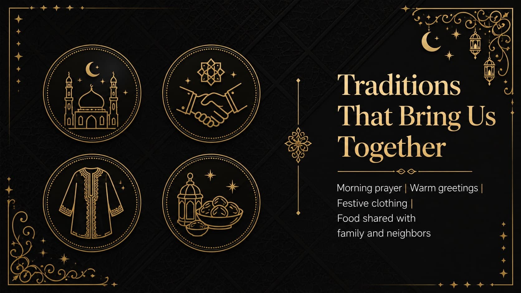 Eid traditions slide featuring prayer, greetings, festive clothing, and shared meals in a gold icon layout.