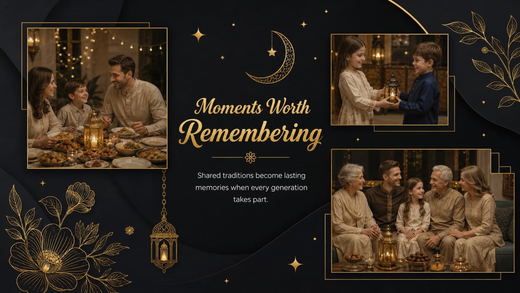 Family Eid celebration slideshow layout with three offset photo spaces and a message about shared memories.
