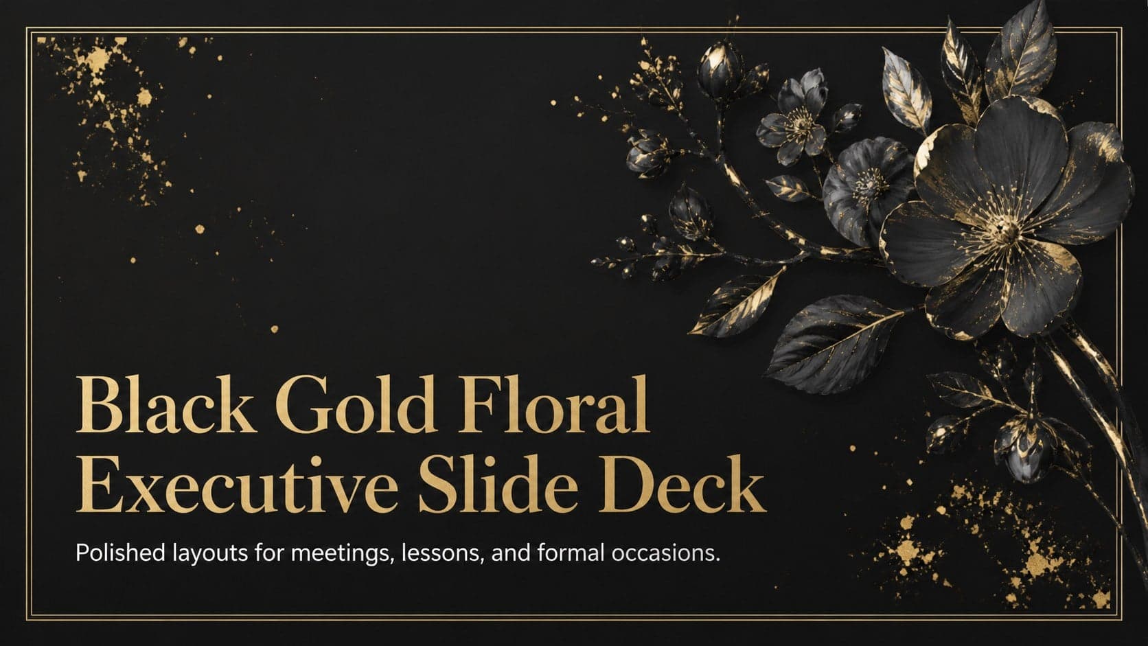 Cover slide for a black gold floral slide deck with an elegant botanical arrangement and executive title treatment.