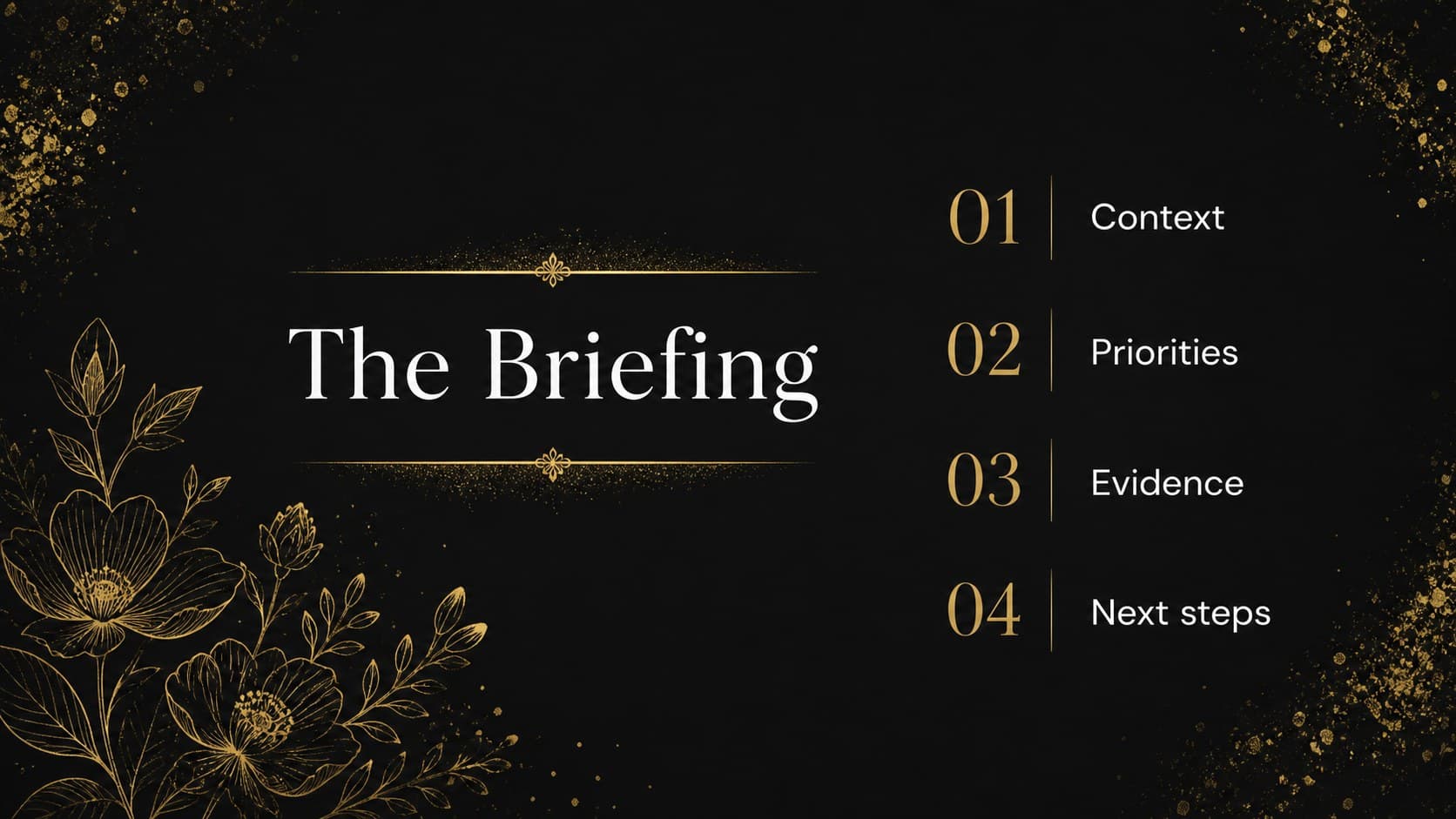 Agenda slide outlining the sections of a formal botanical presentation theme in black and gold.