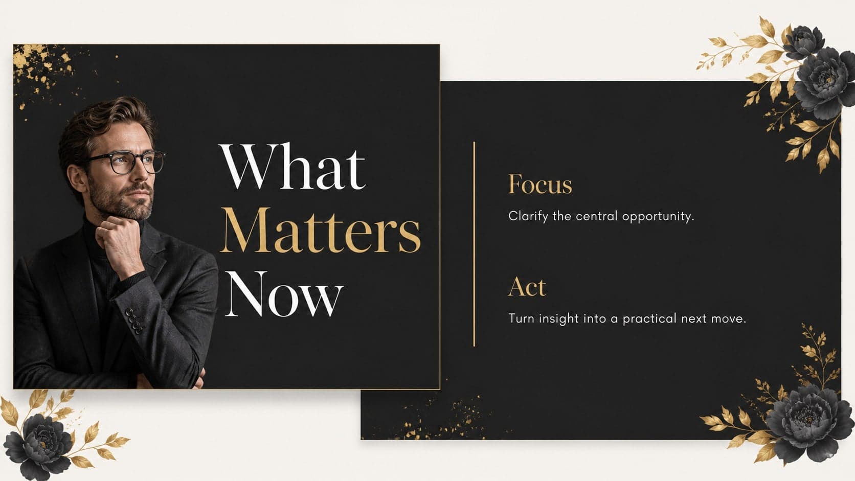 Two-column content slide for a luxury executive briefing with priorities and supporting detail.