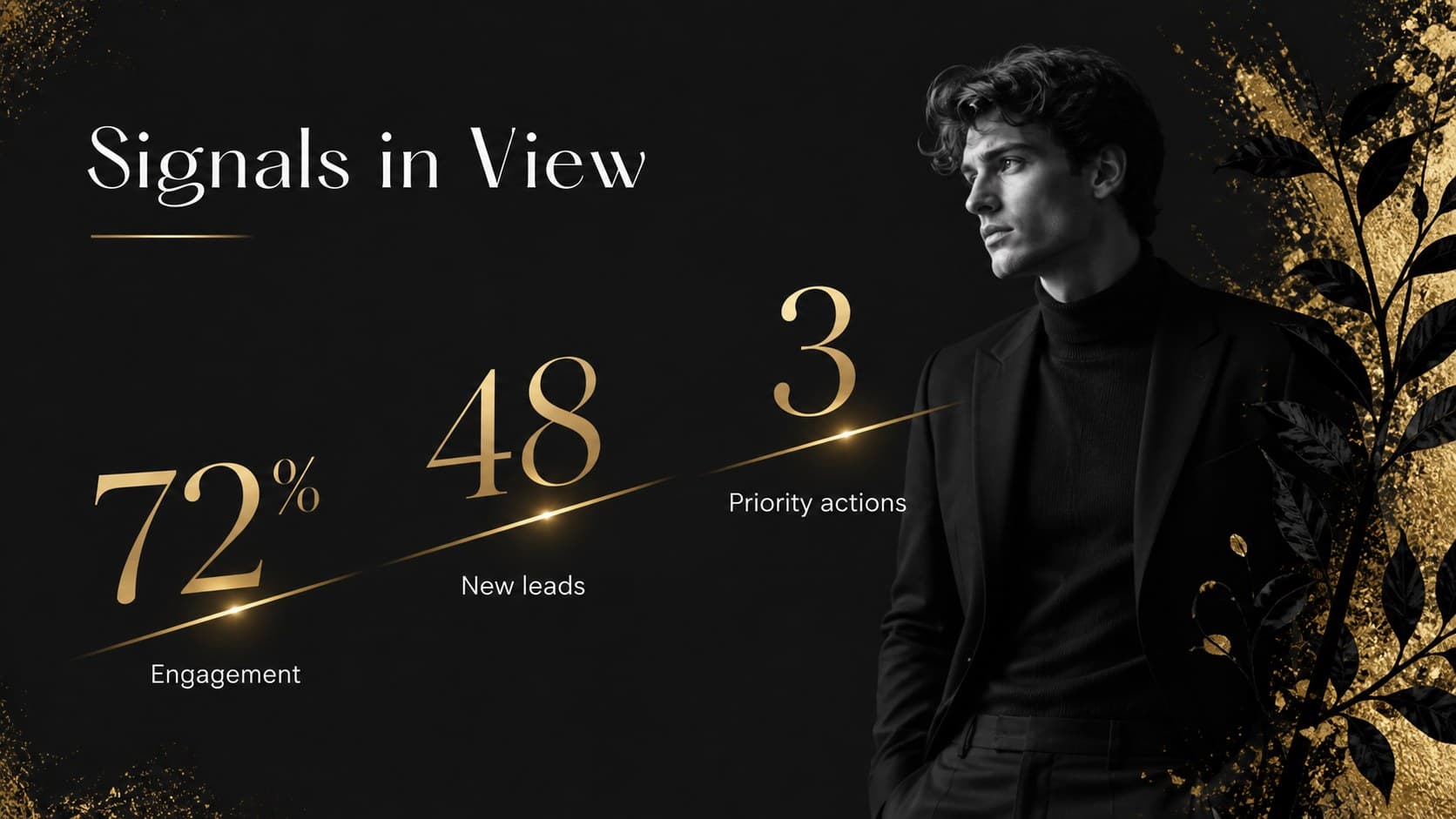 Key metric slide showing three highlighted figures in an elegant black presentation for business.