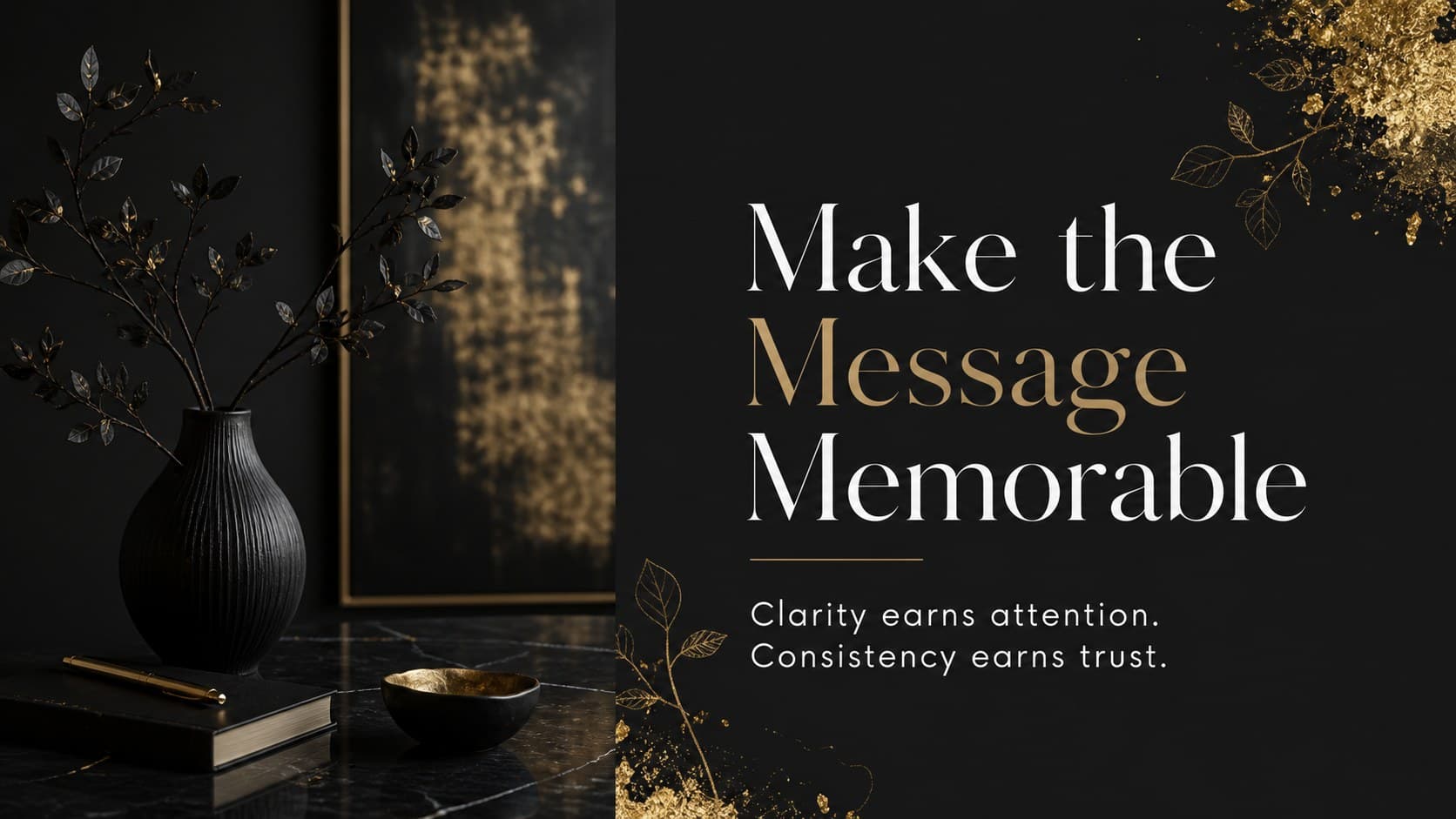 Image-led statement slide supporting a luxury brand briefing with a botanical black-and-gold frame.