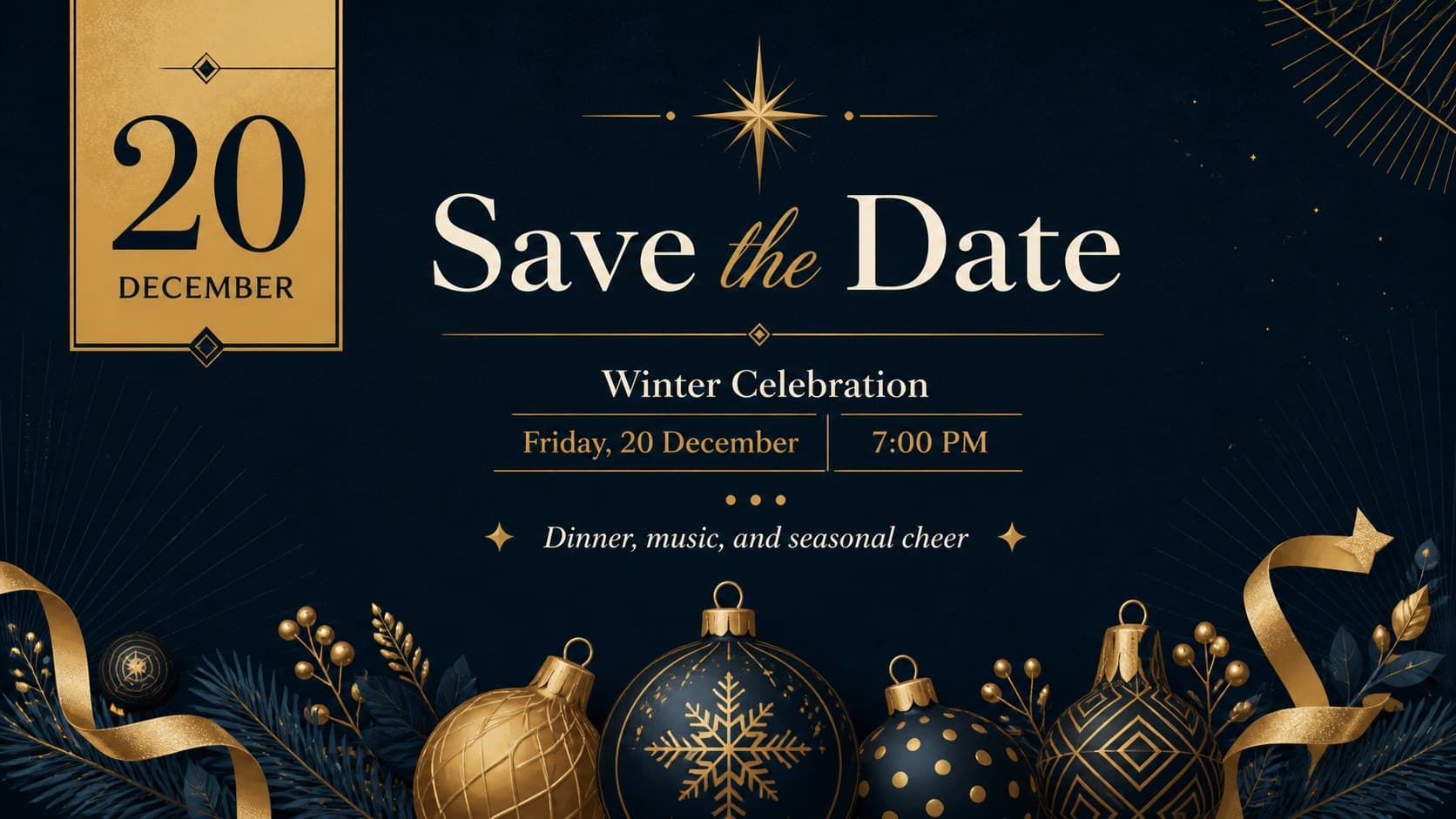 Editable holiday party invitation layout showing event details, venue information, and gold decorative accents.