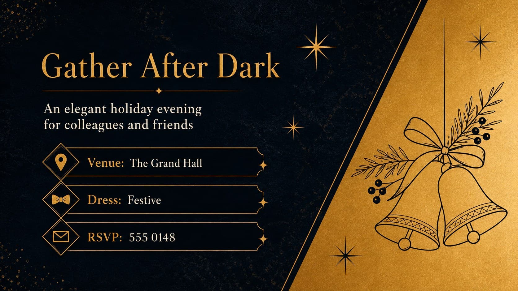 Printable Christmas event poster layout with a bold invitation message, schedule details, and refined black-and-gold ornamentation.
