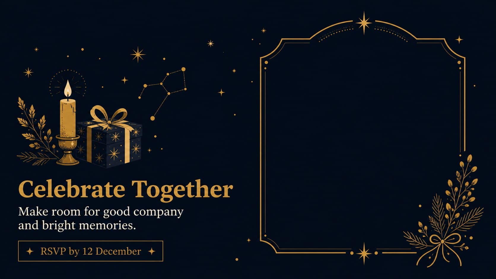 Elegant seasonal announcement slide featuring a final call to action, RSVP information, and festive gold line art.